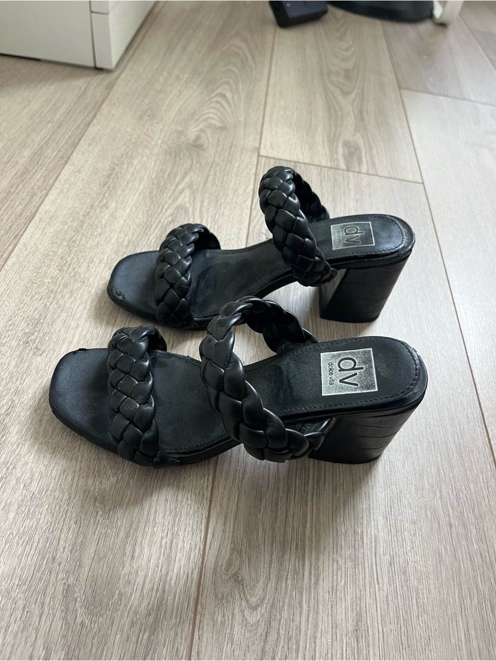 DV by Dolce Vita Black Braided Double-Strap Block Heel Sandals